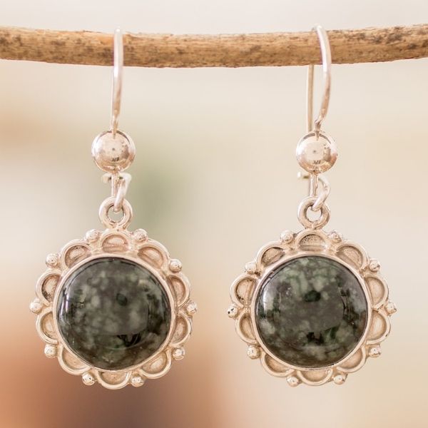 Alternate image for Sterling Silver Dangle Earrings with Dark Green Jade Stones Wild Flower