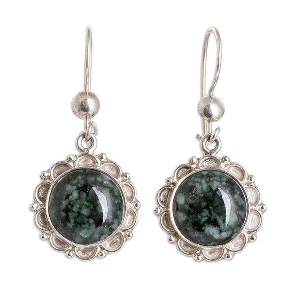 Alternate image for Sterling Silver Dangle Earrings with Dark Green Jade Stones Wild Flower