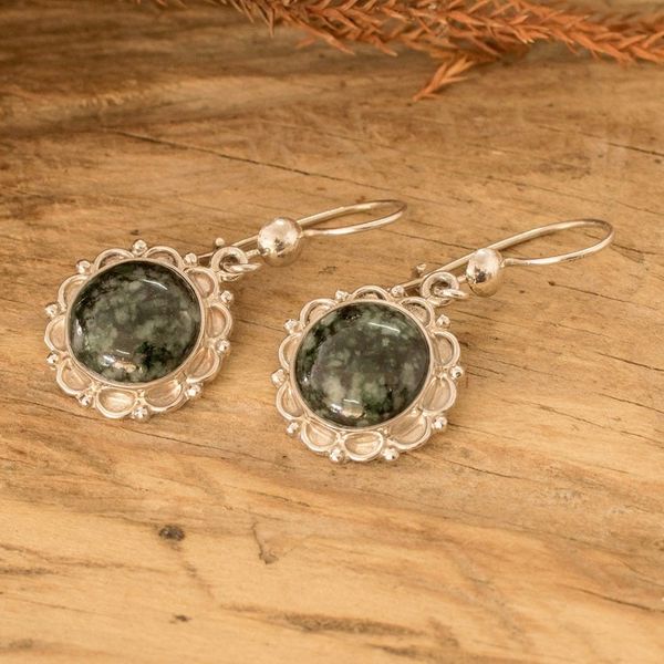 Alternate image for Sterling Silver Dangle Earrings with Dark Green Jade Stones Wild Flower
