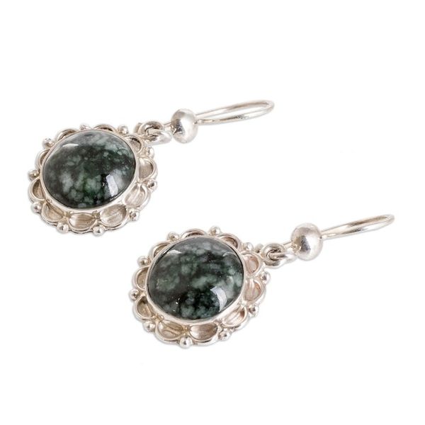 Alternate image for Sterling Silver Dangle Earrings with Dark Green Jade Stones Wild Flower