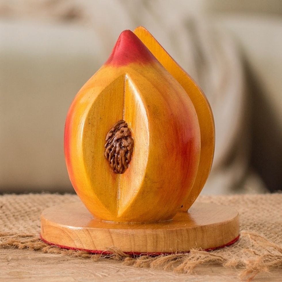 Guatemalan Hand-Carved Painted Wood Peach Napkin Holder 'Guatemalan Peach'