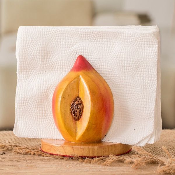 Alternate image for Guatemalan Hand-Carved Painted Wood Peach Napkin Holder Guatemalan Peach