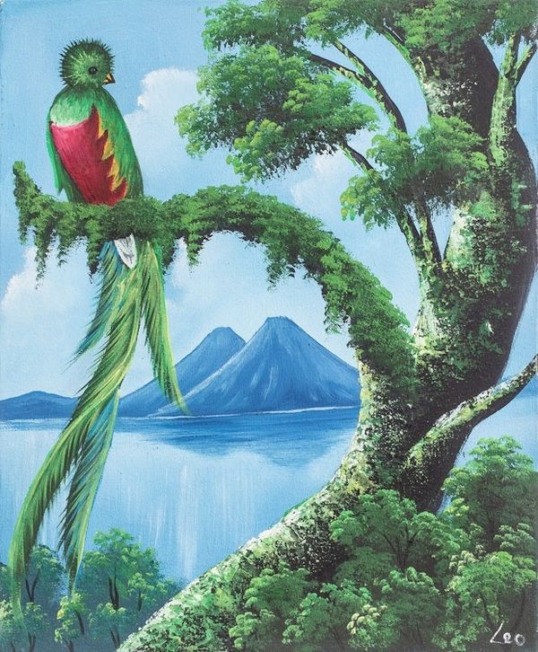 Alternate image for Impressionist Oil Painting of Quetzal Bird from Guatemala Natural