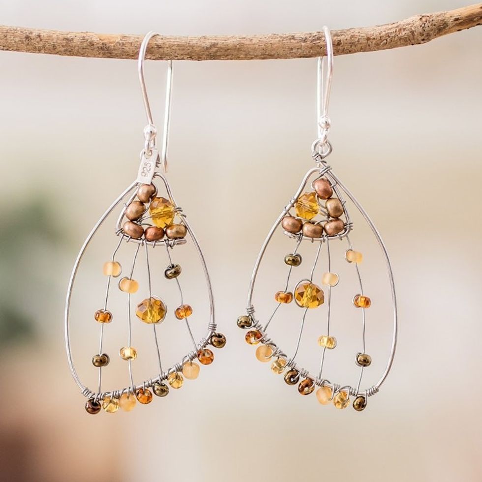 Brown Crystal Glass Beaded Butterfly Wing Dangle Earrings 'Brown Wings of Freedom'