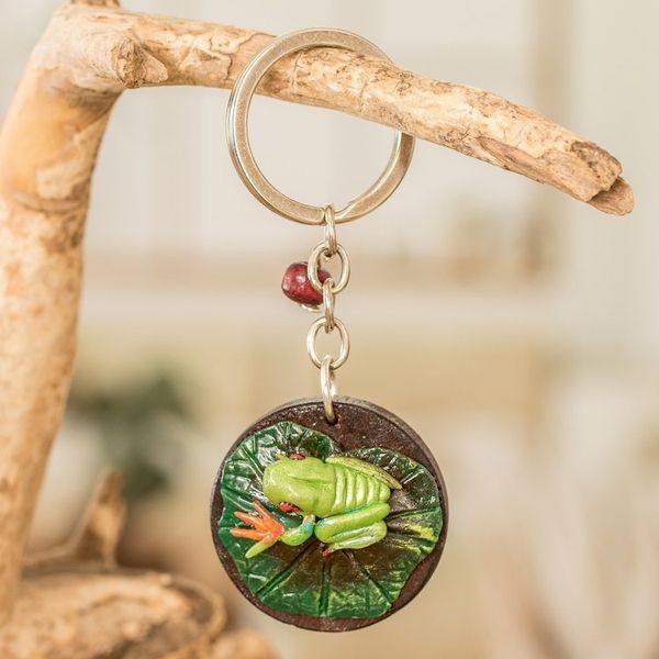 Alternate image for Handmade Painted Pinewood and Cold Porcelain Frog Keychain The Little Frog
