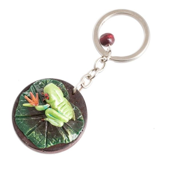 Alternate image for Handmade Painted Pinewood and Cold Porcelain Frog Keychain The Little Frog