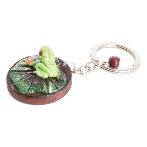 Alternate image for Handmade Painted Pinewood and Cold Porcelain Frog Keychain The Little Frog
