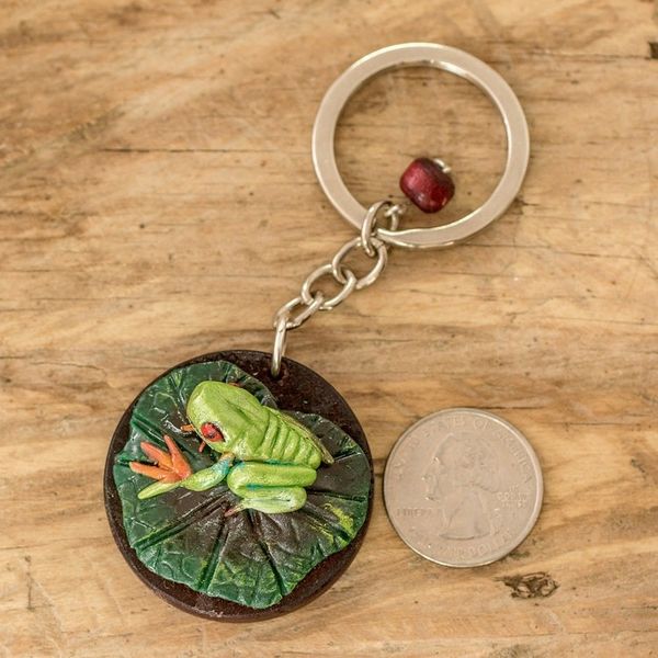 Alternate image for Handmade Painted Pinewood and Cold Porcelain Frog Keychain The Little Frog