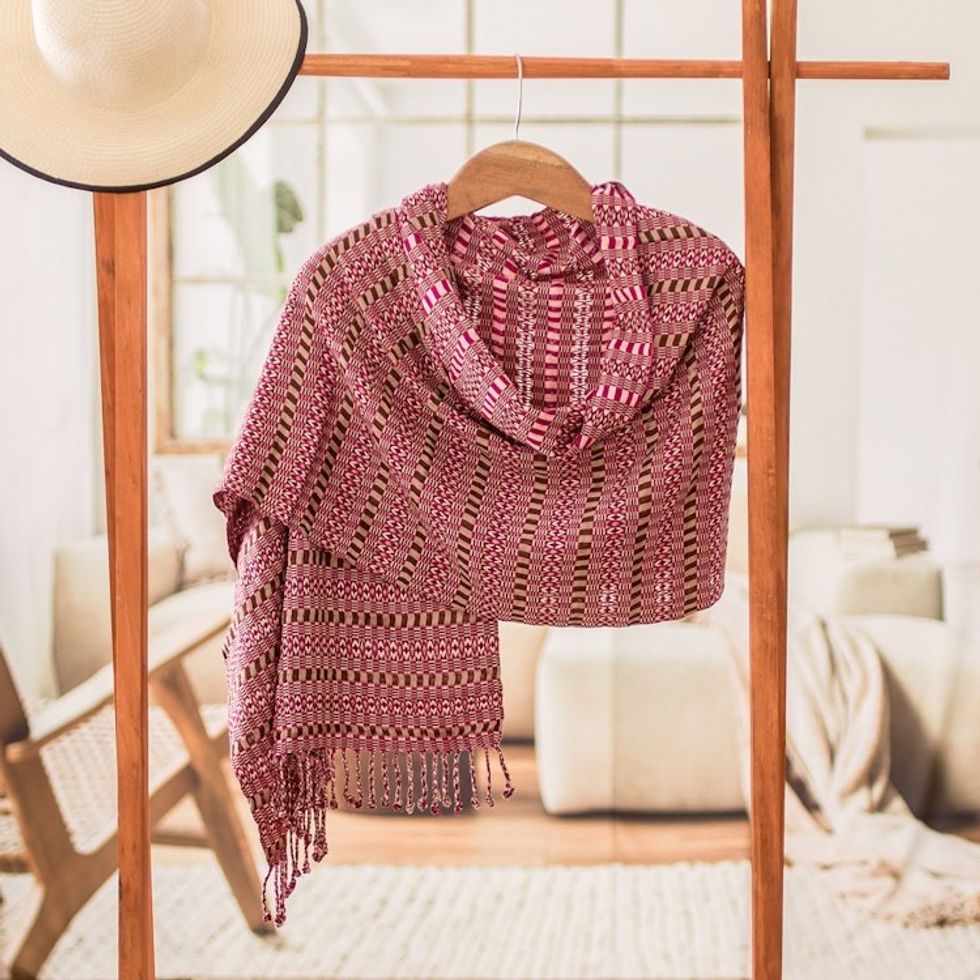 Geometric Magenta and Chocolate Cotton Shawl from Guatemala 'Magenta Sunday'