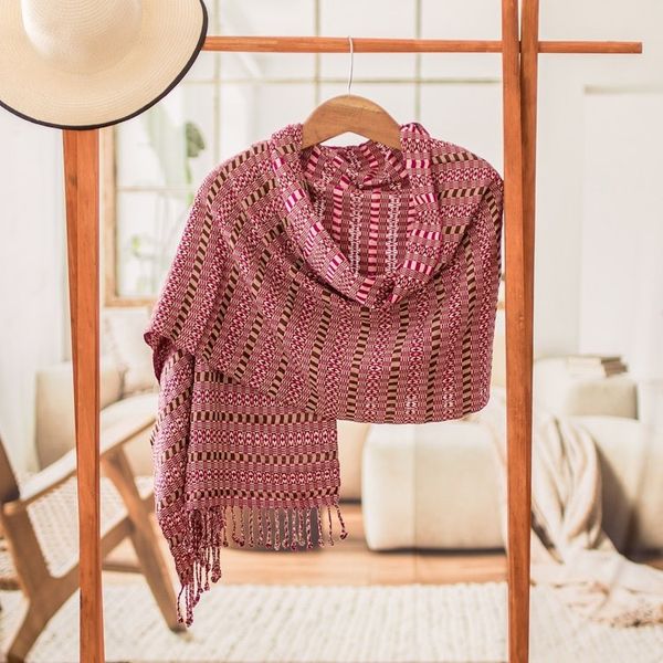 Alternate image for Geometric Magenta and Chocolate Cotton Shawl from Guatemala Magenta Sunday