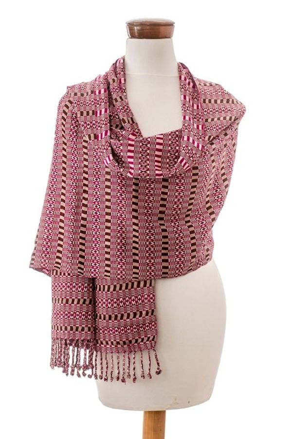 Alternate image for Geometric Magenta and Chocolate Cotton Shawl from Guatemala Magenta Sunday
