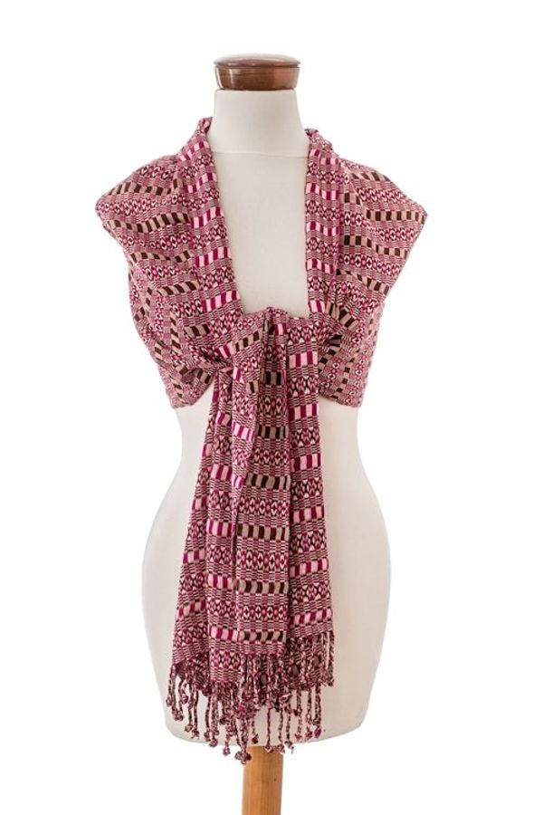 Alternate image for Geometric Magenta and Chocolate Cotton Shawl from Guatemala Magenta Sunday