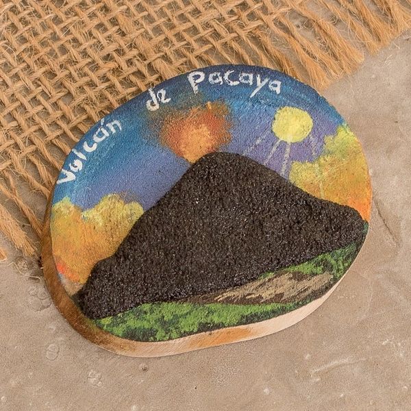 Alternate image for Handmade Painted Coffee Tree Wood Magnet with Petrified Lava Pacaya Volcano