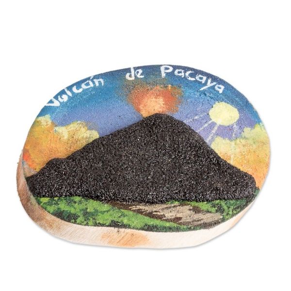 Alternate image for Handmade Painted Coffee Tree Wood Magnet with Petrified Lava Pacaya Volcano