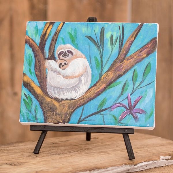 Alternate image for Signed Impressionist Oil Painting of Sloth with Wood Easel Mother and Child
