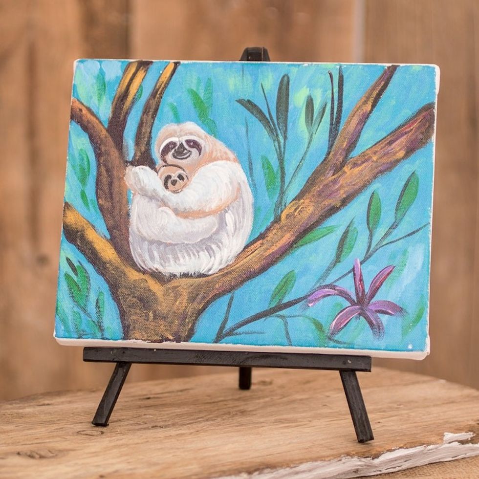 Signed Impressionist Oil Painting of Sloth with Wood Easel 'Mother and Child'