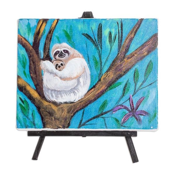 Alternate image for Signed Impressionist Oil Painting of Sloth with Wood Easel Mother and Child