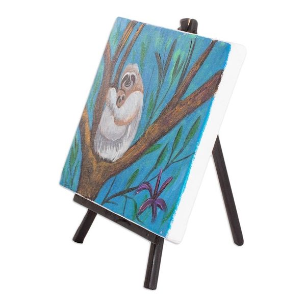 Alternate image for Signed Impressionist Oil Painting of Sloth with Wood Easel Mother and Child