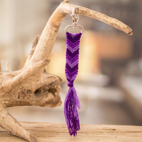 Alternate image for Macrame Keychain Bag Charm in Purple with Chevron Motif Lavender Garden