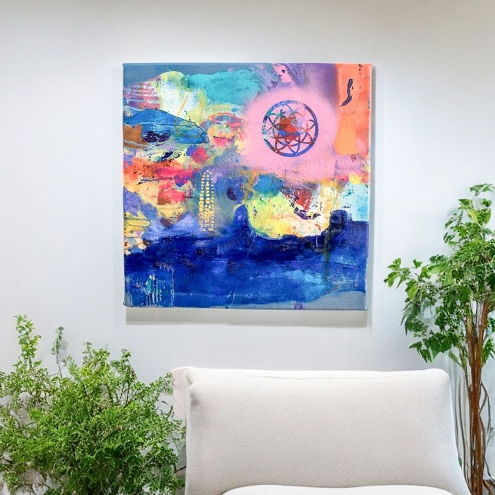 Signed Abstract Acrylic and Oil Painting in Pink 'Sowing Moon I'