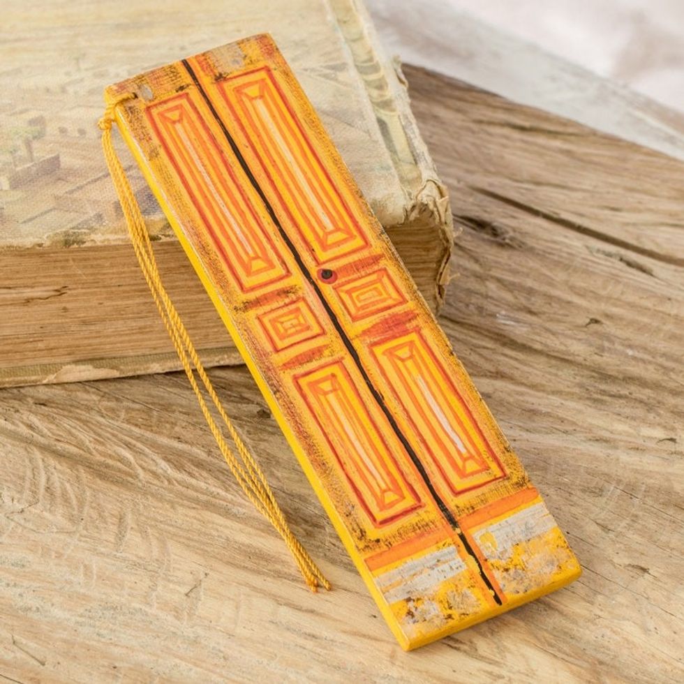 Hand-Painted Cedar Wood Antique Door Bookmark in Orange 'Vintage Door in Orange'