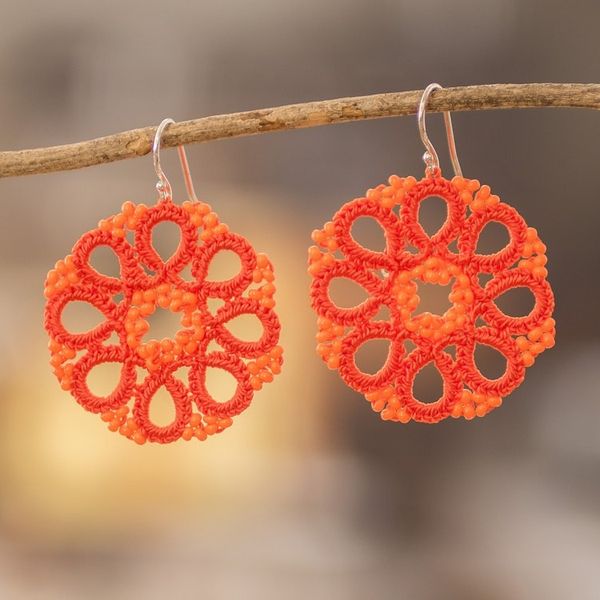 Alternate image for Hand-Tatted Beaded Orange Dangle Earrings with Silver Hooks Floral Essence in Orange