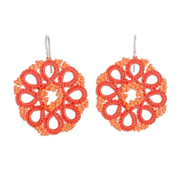 Alternate image for Hand-Tatted Beaded Orange Dangle Earrings with Silver Hooks Floral Essence in Orange