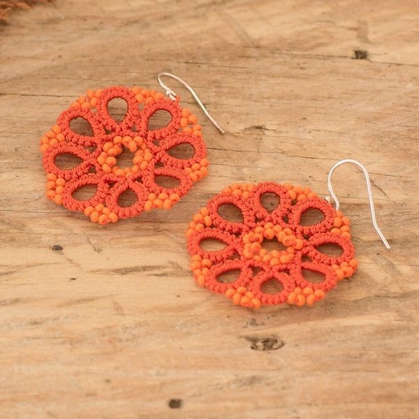 Alternate image for Hand-Tatted Beaded Orange Dangle Earrings with Silver Hooks Floral Essence in Orange