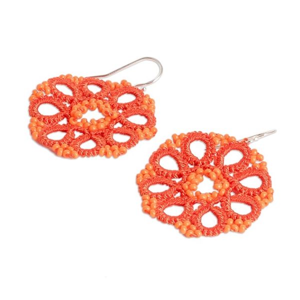 Alternate image for Hand-Tatted Beaded Orange Dangle Earrings with Silver Hooks Floral Essence in Orange