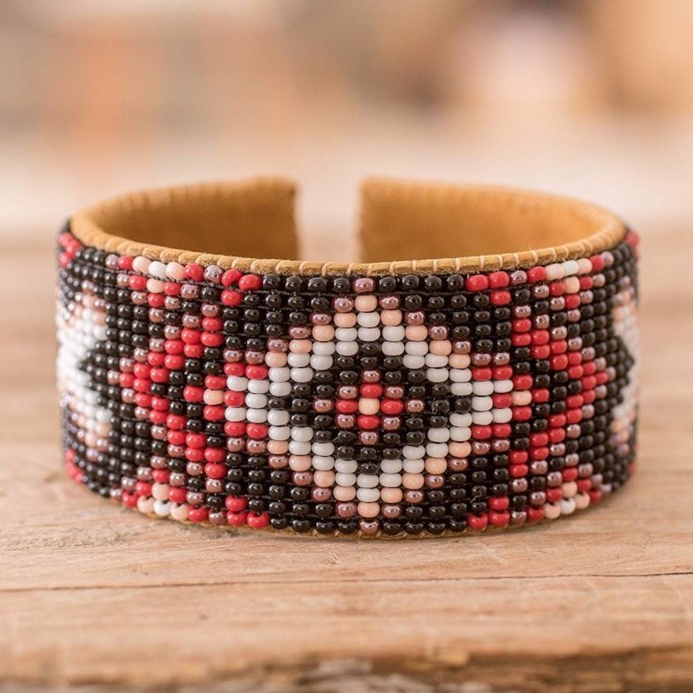 Traditional Red and Black Glass Beaded Cuff Bracelet 'Fire's Union'