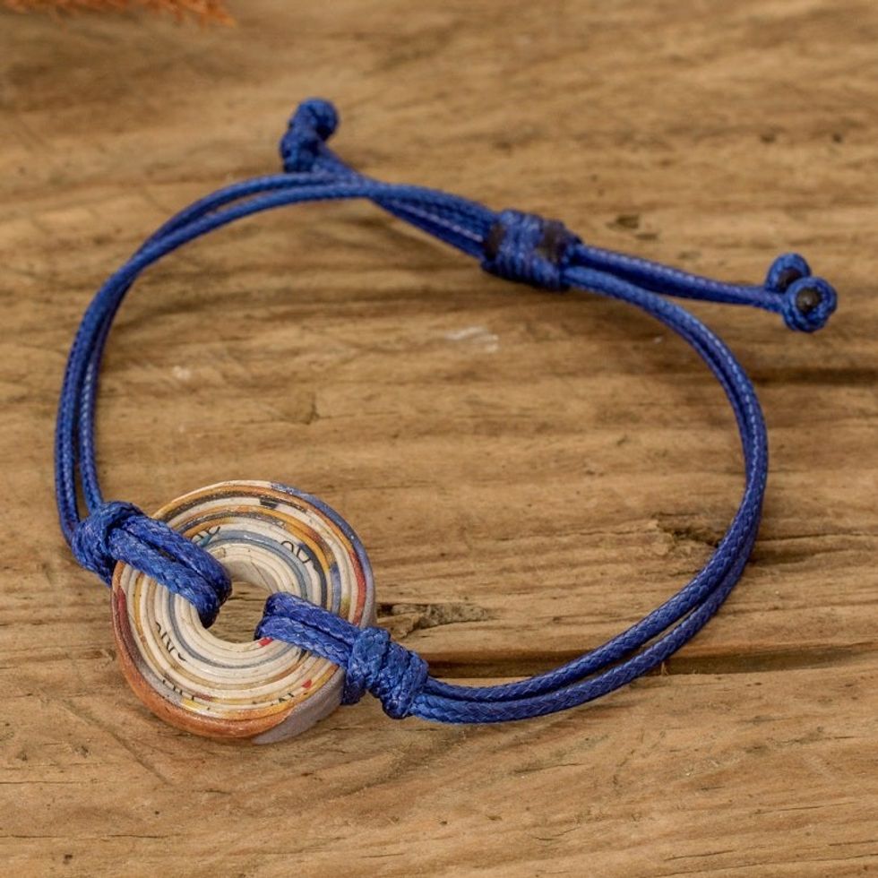 Handcrafted Recycled Paper Pendant Bracelet with Blue Cord 'Azure Constellation'