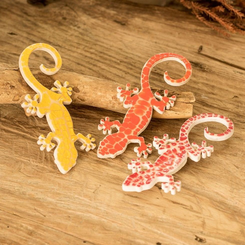 Set of 3 Hand-Painted Warm-Toned Gecko Wood Magnets 'Allies for Nature'