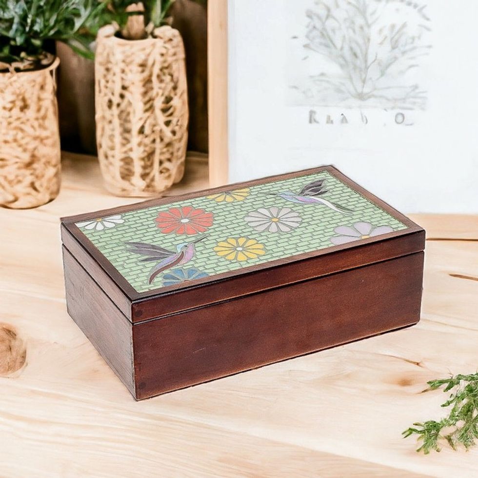 Handcrafted Nature-Themed Pinewood Tea Box in Brown 'Spring Visions'