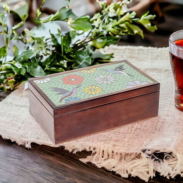Alternate image for Handcrafted Nature-Themed Pinewood Tea Box in Brown Spring Visions