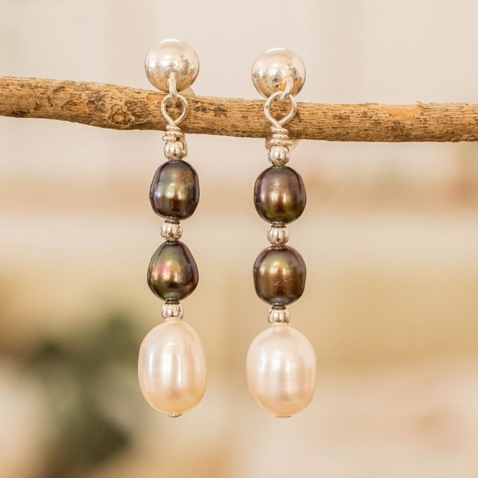 925 Silver Dangle Earrings with Two Tone Cultured Pearls 'Sea Essence'