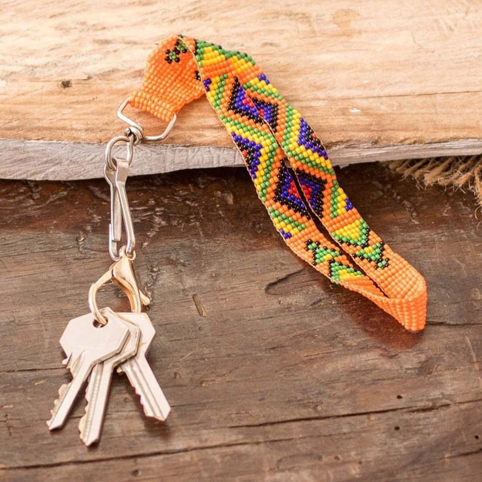 Handcrafted Geometric Glass Beaded Keychain in Orange 'Key to the Jungle'