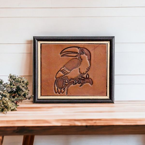 Alternate image for Handcrafted Toucan-Themed Pinewood-Framed Leather Wall Art Rustic Toucan