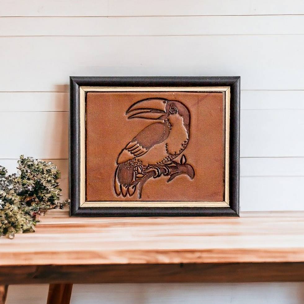 Handcrafted Toucan-Themed Pinewood-Framed Leather Wall Art 'Rustic Toucan'