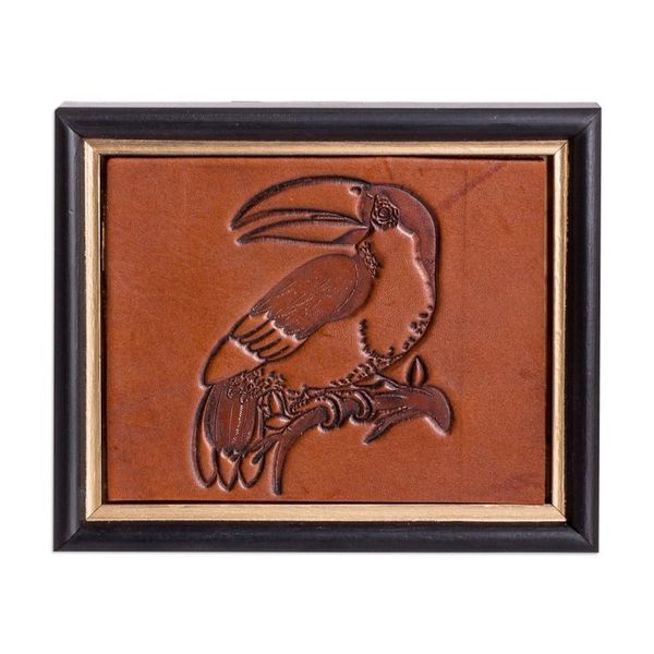Alternate image for Handcrafted Toucan-Themed Pinewood-Framed Leather Wall Art Rustic Toucan