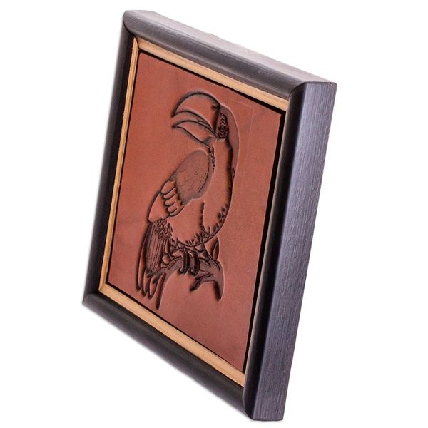 Alternate image for Handcrafted Toucan-Themed Pinewood-Framed Leather Wall Art Rustic Toucan