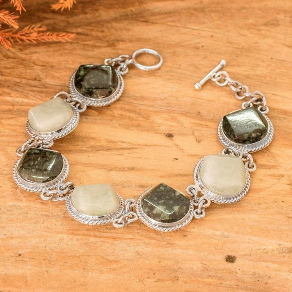 Sterling Silver Dark and Apple Green Jade Link Bracelet 'Glamorous Allure'