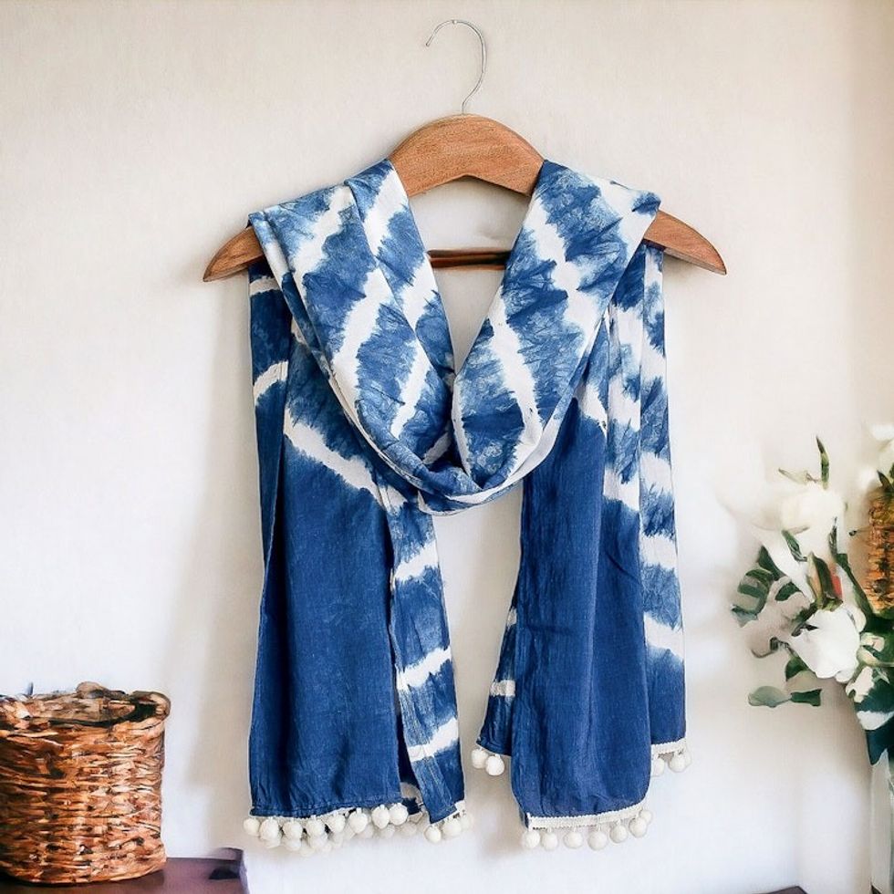 Tie-Dyed Indigo and White Cotton Scarf from El Salvador 'Infinite Indigo'