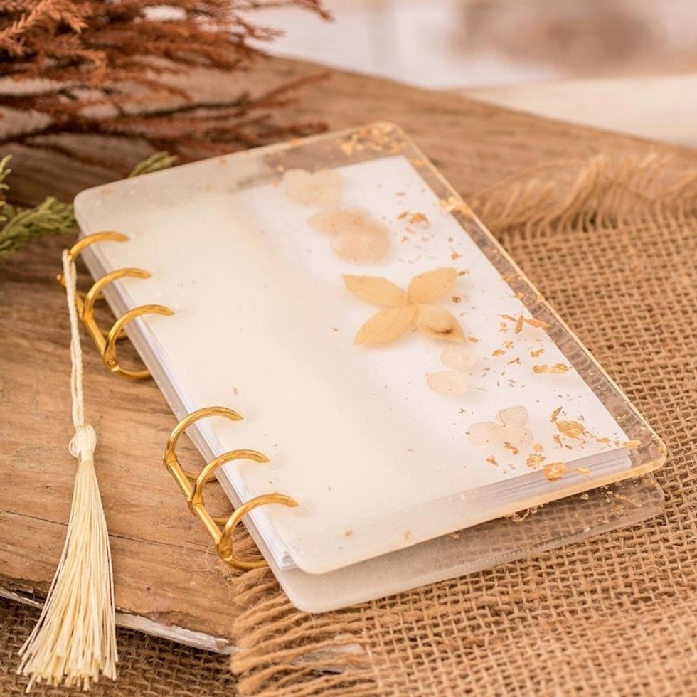 Handcrafted Leafy Resin Journal with Ivory Tassel 'Sunrise Forest'