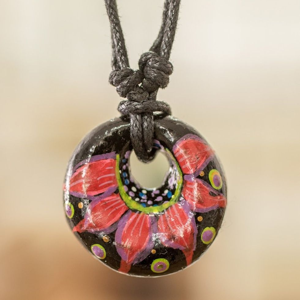 Floral Adjustable Painted Ceramic Pendant Necklace in Red 'Night's Red Grace'