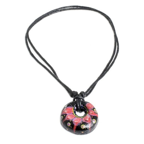 Alternate image for Floral Adjustable Painted Ceramic Pendant Necklace in Red Nights Red Grace