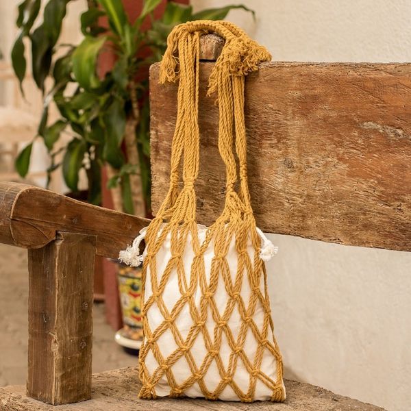 Alternate image for Cotton Macrame Tote Bag in Ivory and Honey from El Salvador Happy Day