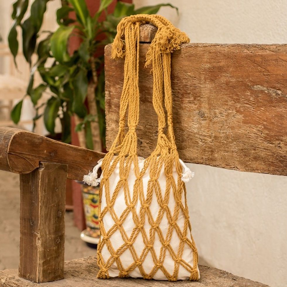 Cotton Macrame Tote Bag in Ivory and Honey from El Salvador 'Happy Day'