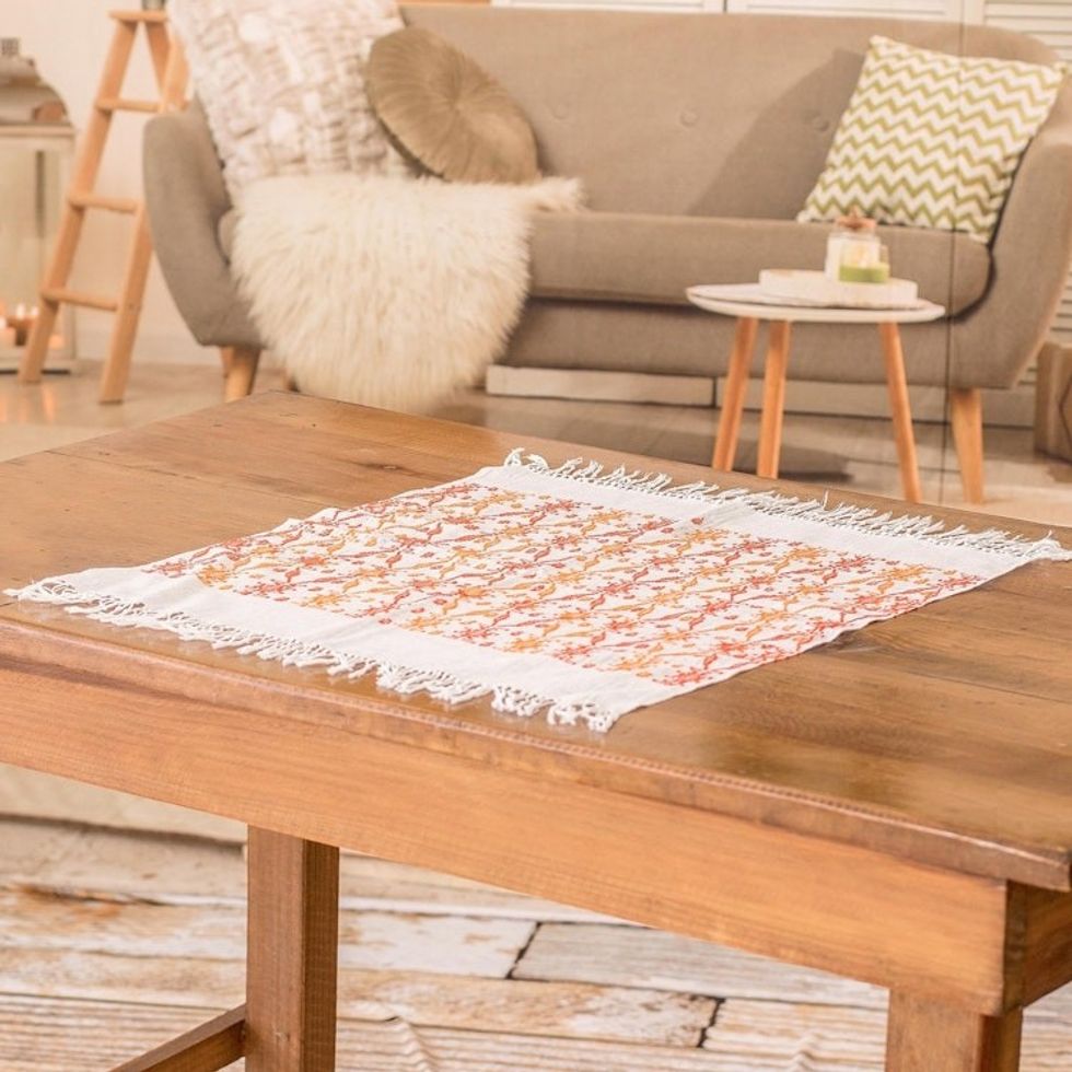 Leafy Handwoven Orange and Red Cotton Placemat 'Sunset Over the Forest'