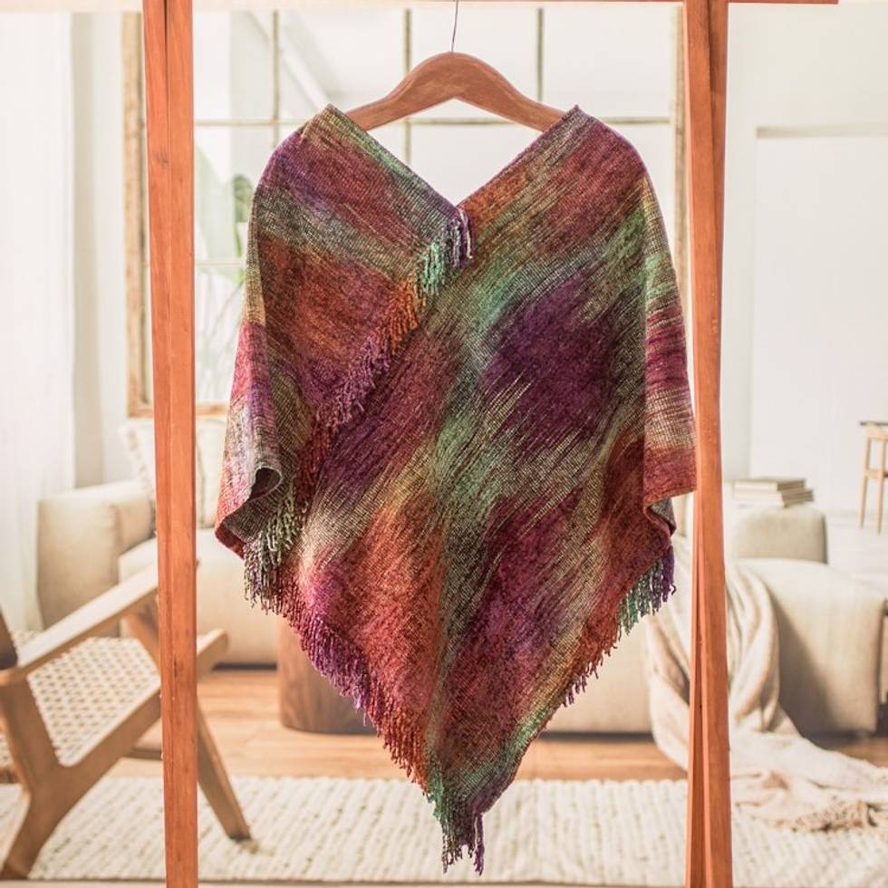 Handwoven Cotton Blend Poncho in a Vibrant Palette 'Wine Ceremony'