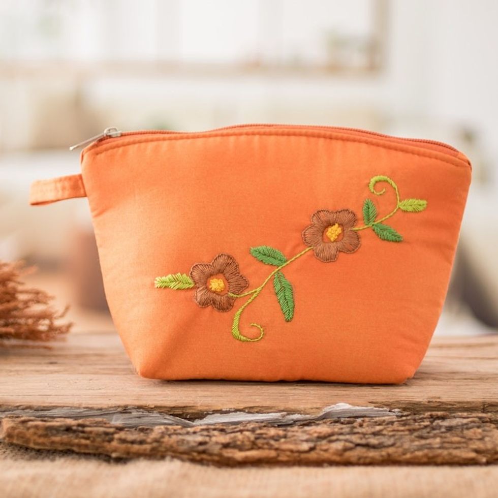 Embroidered Floral Orange Cotton Cosmetic Bag with Zipper 'Evening Beauty'